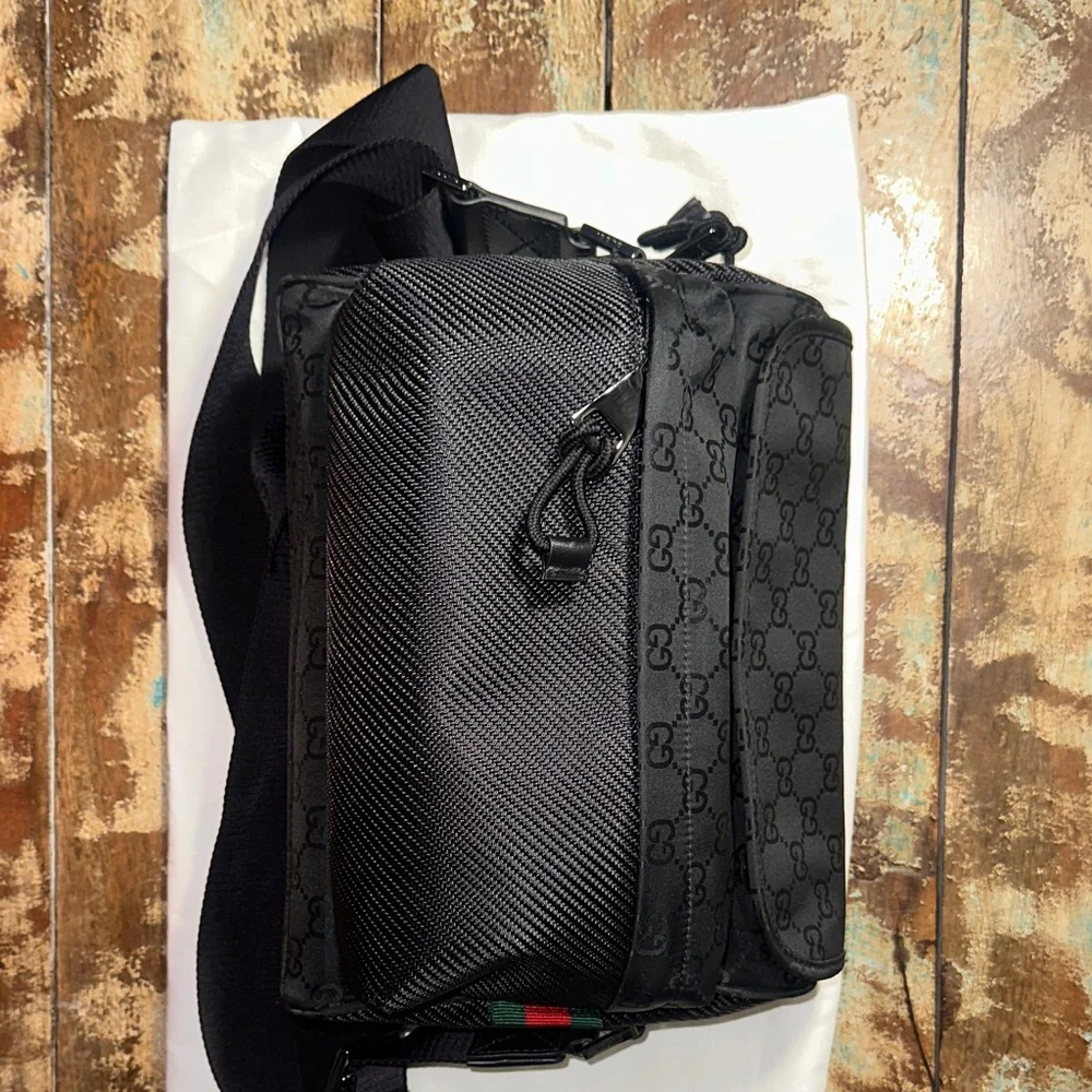 Gucci Black GG Monogram Messenger Bag with Adjustable Strap